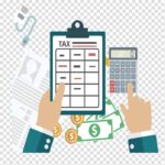 Tax form and calculator with money icons